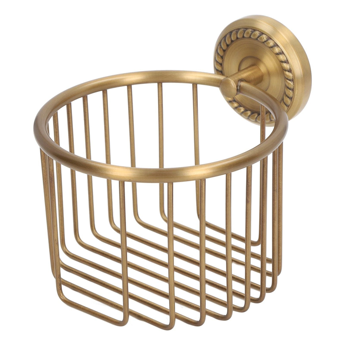 Hollow Out Toilet Paper Holder in antique brass-tone metal with an open wire basket and ornate round wall mount