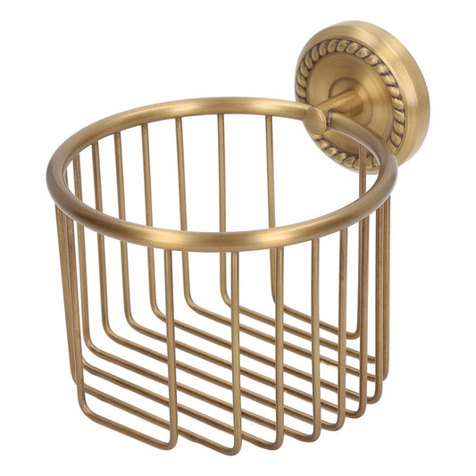 Hollow Out Toilet Paper Holder in antique brass-tone metal with an open wire basket and ornate round wall mount