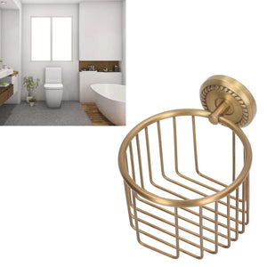 Hollow Out Toilet Paper Holder in antique brass-tone metal, featuring an open wire basket and decorative round wall mount