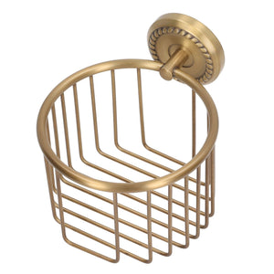 Hollow Out Toilet Paper Holder in antique brass-tone metal, featuring an open wire basket and ornate round wall mount