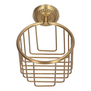 Hollow Out Toilet Paper Holder in antique brass-tone metal, featuring an open wire basket and round decorative wall mount