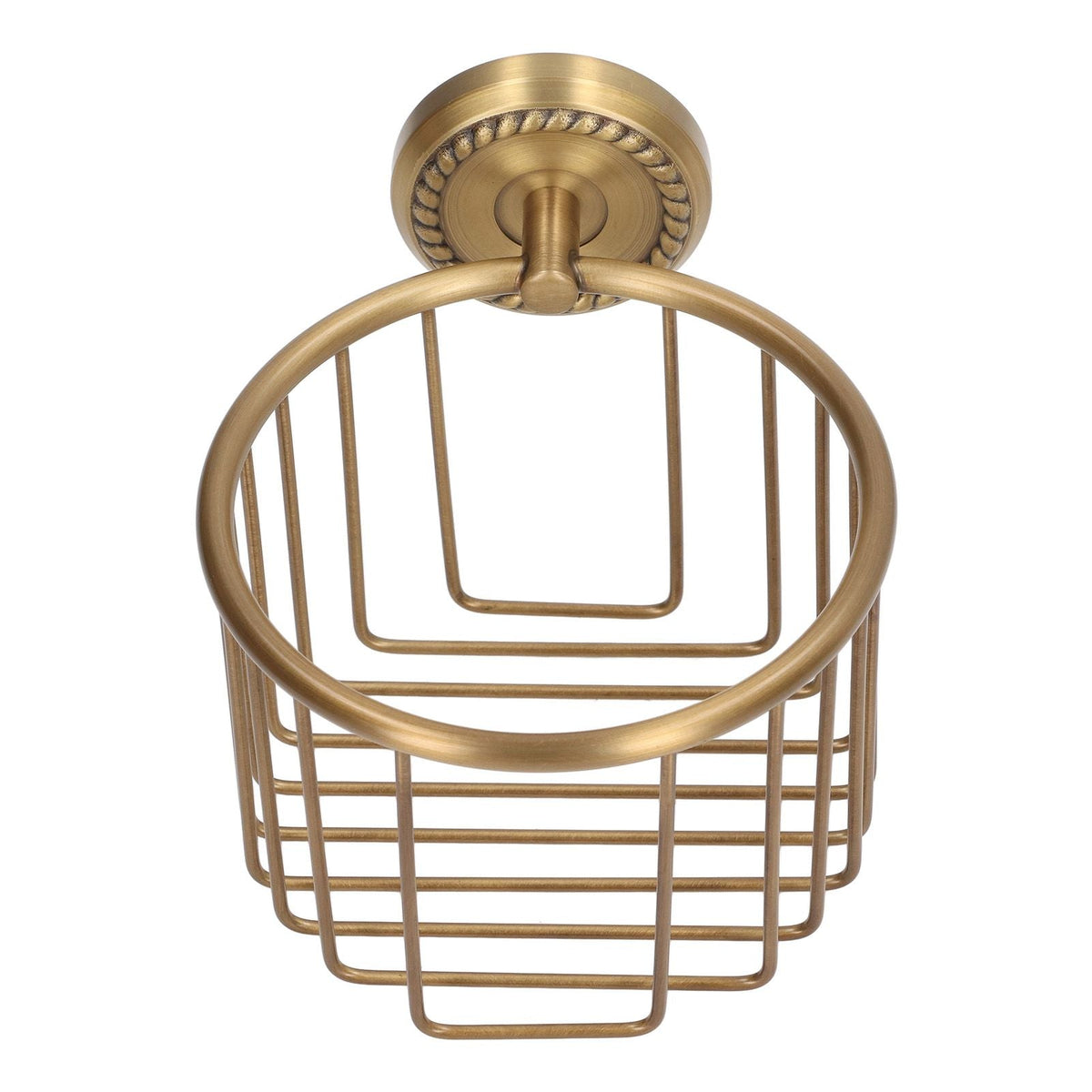 Hollow Out Toilet Paper Holder in antique brass-tone metal, featuring an open wire basket and round decorative wall mount