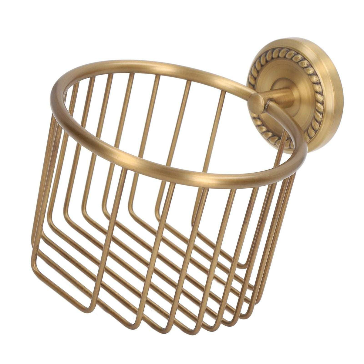 Hollow Out Toilet Paper Holder in antique brass-tone metal, with an open wire basket, curved rim and decorative round wall mount