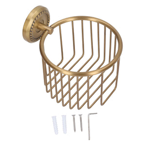 Hollow Out Toilet Paper Holder in antique brass with an open wire basket design and decorative round wall mount.