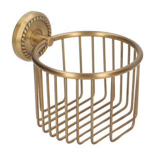 Hollow Out Toilet Paper Holder in antique gold-tone metal with an open wire basket and decorative round wall mount