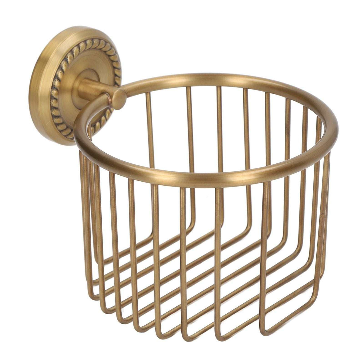 Hollow Out Toilet Paper Holder in antique gold-tone metal with an open wire basket and decorative round wall mount