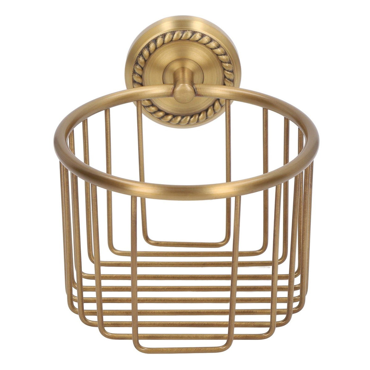 Hollow Out Toilet Paper Holder in antique gold-tone metal, featuring an open wire basket and ornate round wall mount
