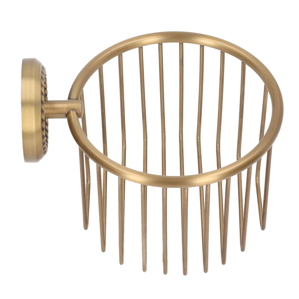 Hollow Out Toilet Paper Holder in brushed antique brass, featuring an open oval cage with slender vertical rods and wall mount