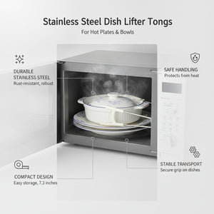 Hot Plate Gripper Tongs made of stainless steel with a compact gripping tip, holding a hot ceramic dish securely