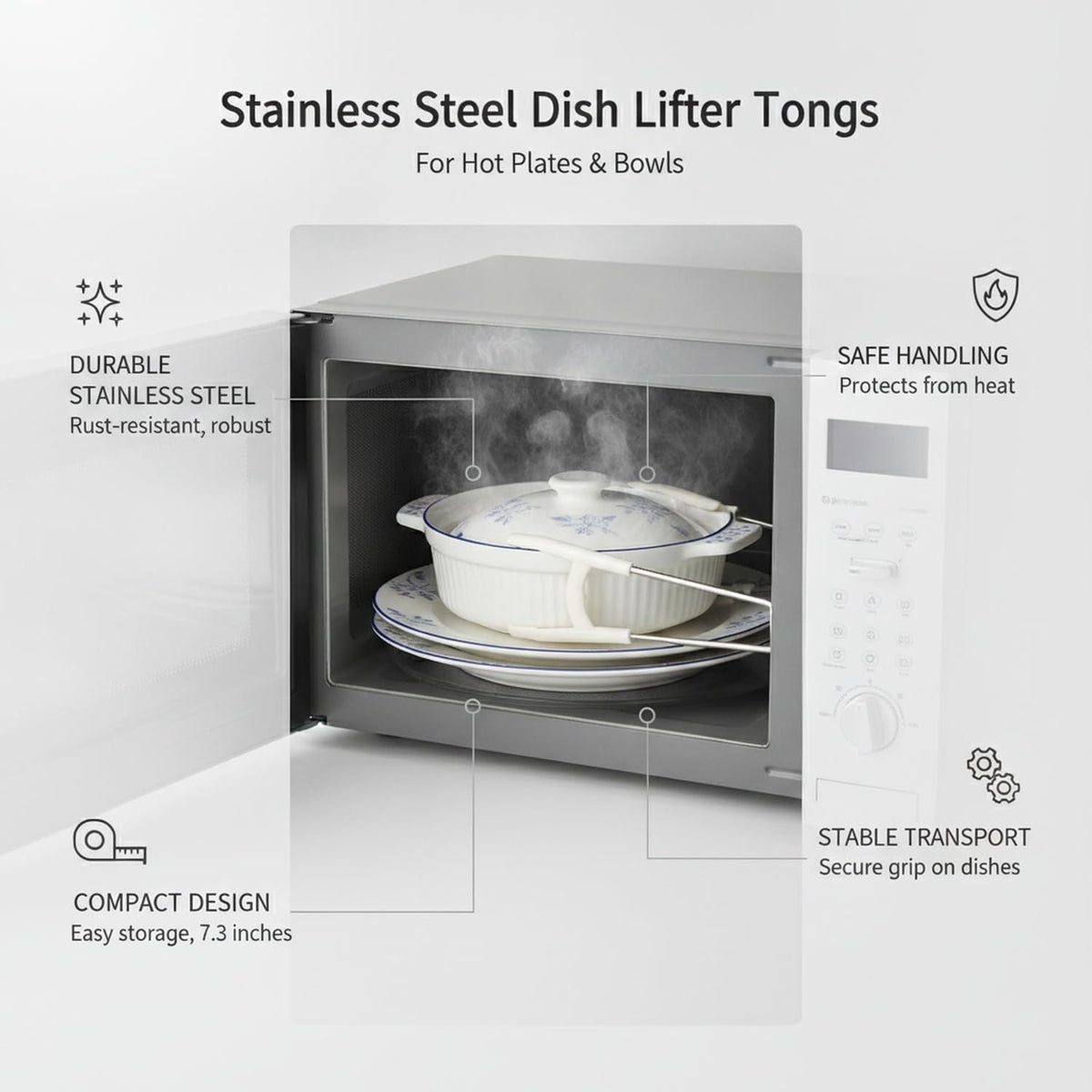 Hot Plate Gripper Tongs made of stainless steel with a compact gripping tip, holding a hot ceramic dish securely