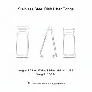 Hot Plate Gripper Tongs in stainless steel with silicone grips, shown in three views with dimensions and a hinged clamp design