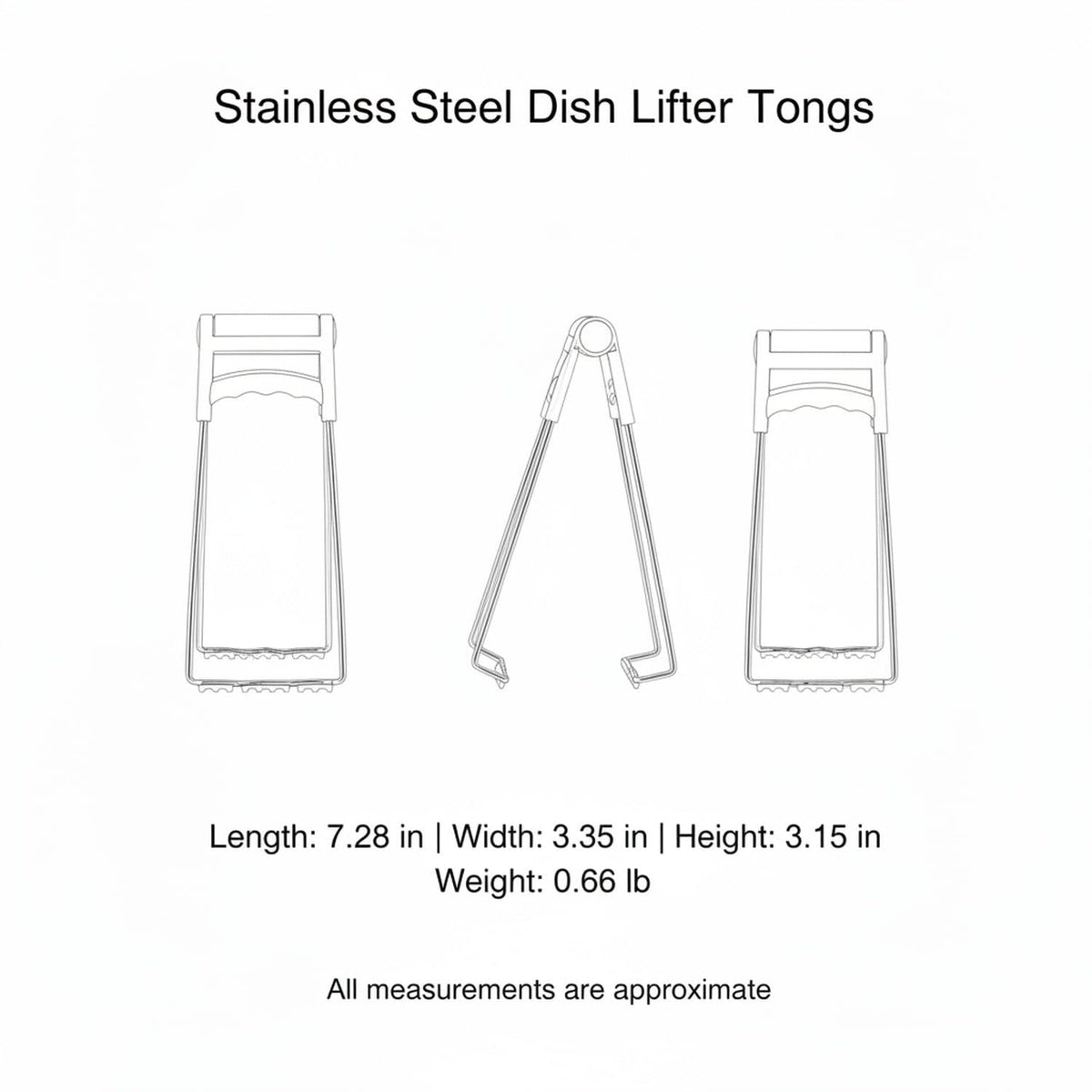 Hot Plate Gripper Tongs in stainless steel with silicone grips, shown in three views with dimensions and a hinged clamp design
