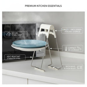 Hot Plate Gripper Tongs with stainless steel arms and white silicone grips securely holding a blue-rimmed plate