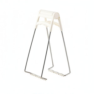 Hot Plate Gripper Tongs with a white plastic handle and slender silver metal arms ending in scalloped gripping jaws