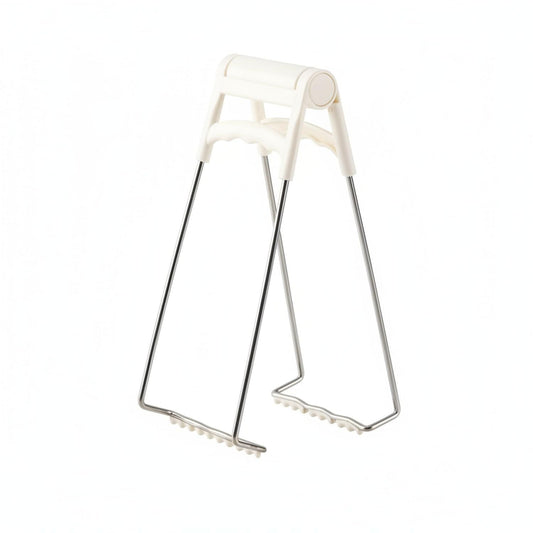 Hot Plate Gripper Tongs with a white plastic handle and slender silver metal arms ending in scalloped gripping jaws