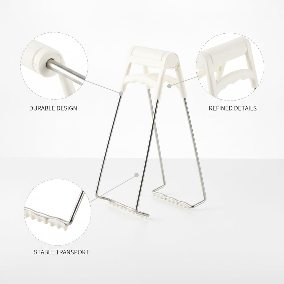 Hot Plate Gripper Tongs with white plastic handles, silver metal rods and ridged gripping ends for lifting dishes