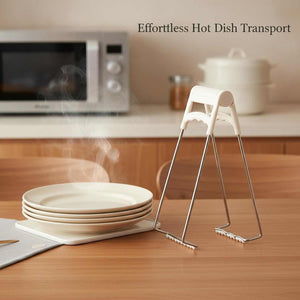 Hot Plate Gripper Tongs with white silicone handles and silver metal arms, shown gripping a stack of white plates