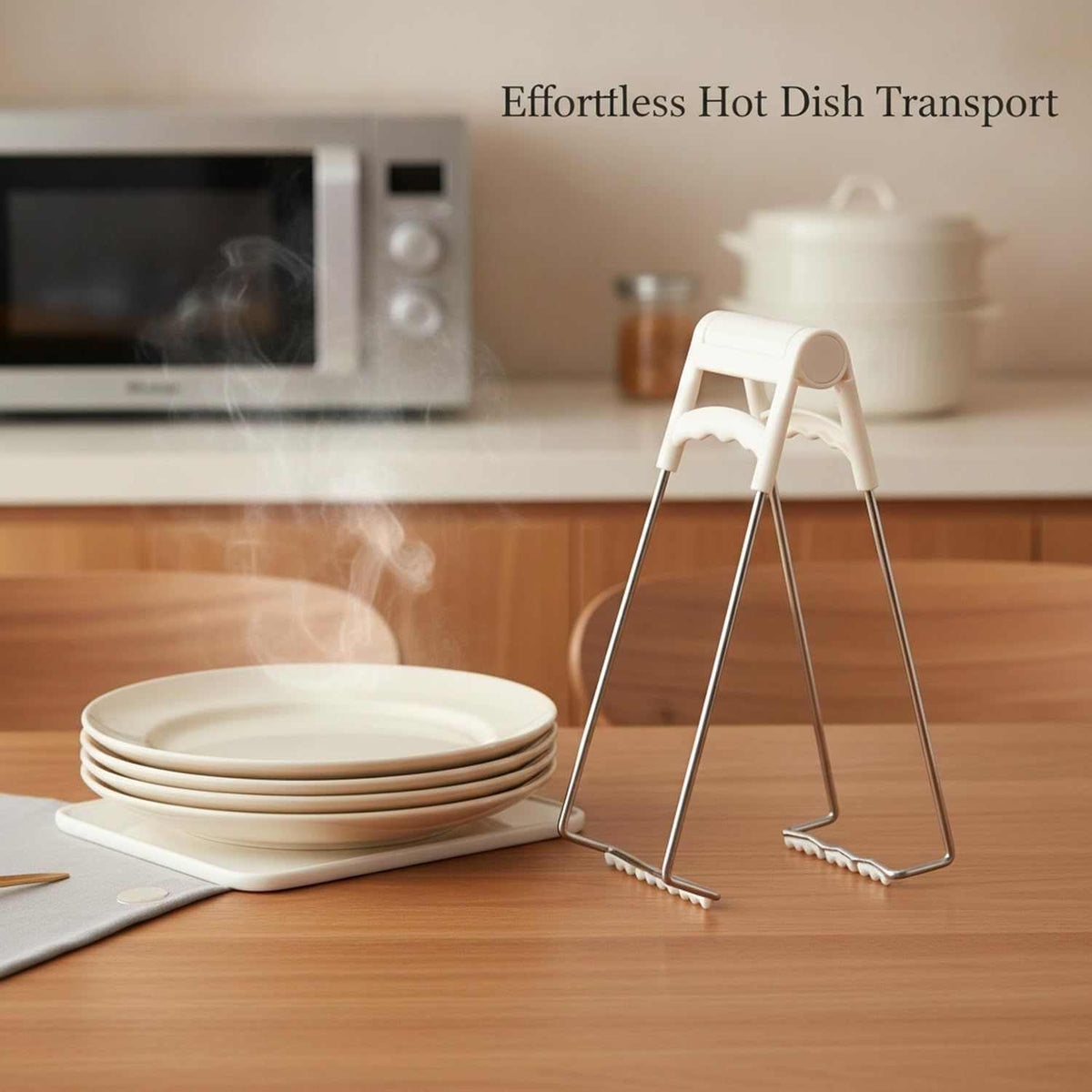Hot Plate Gripper Tongs with white silicone handles and silver metal arms, shown gripping a stack of white plates