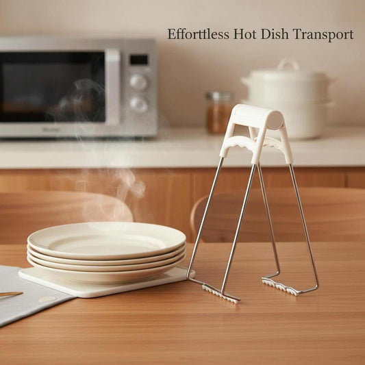 Hot Plate Gripper Tongs with white silicone handles and silver metal arms, shown gripping a stack of white plates