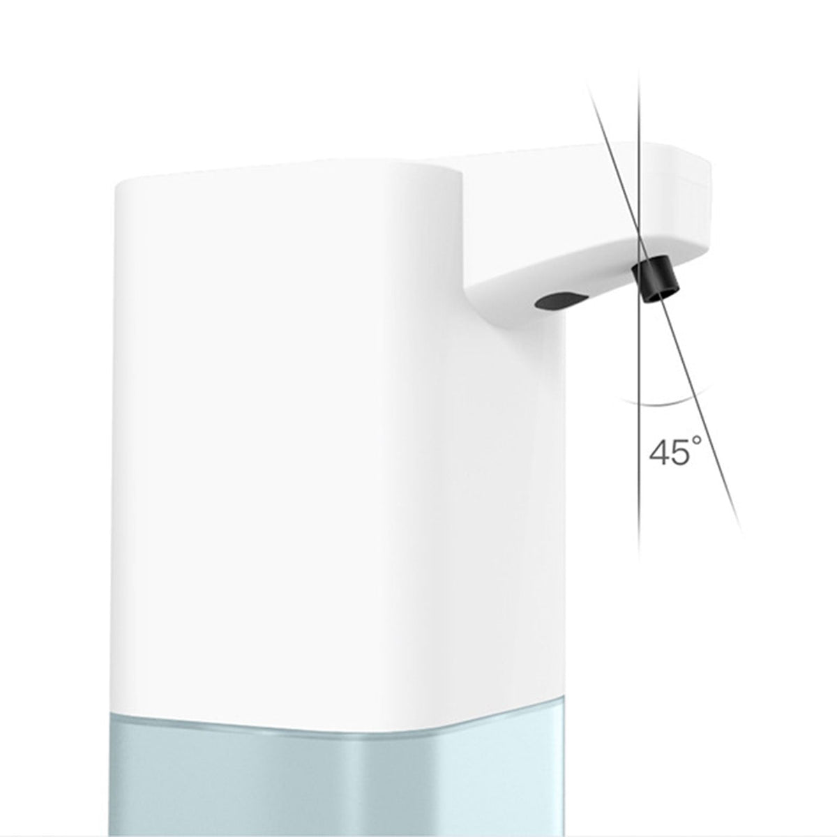 Infrared Automatic Sensor Soap Dispenser in white ABS plastic with a pale blue translucent reservoir and angled sensor nozzle