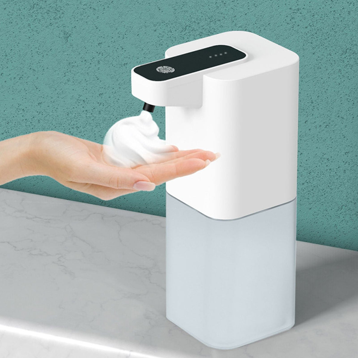 Infrared Automatic Sensor Soap Dispenser in white plastic with a black sensor panel, dispensing foam onto a hand