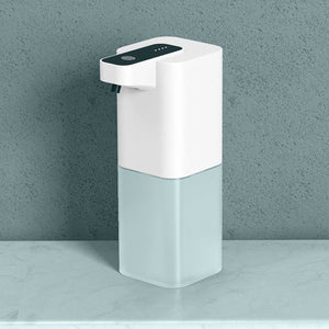 Infrared Automatic Sensor Soap Dispenser with a white ABS top, pale blue translucent reservoir and black sensor panel