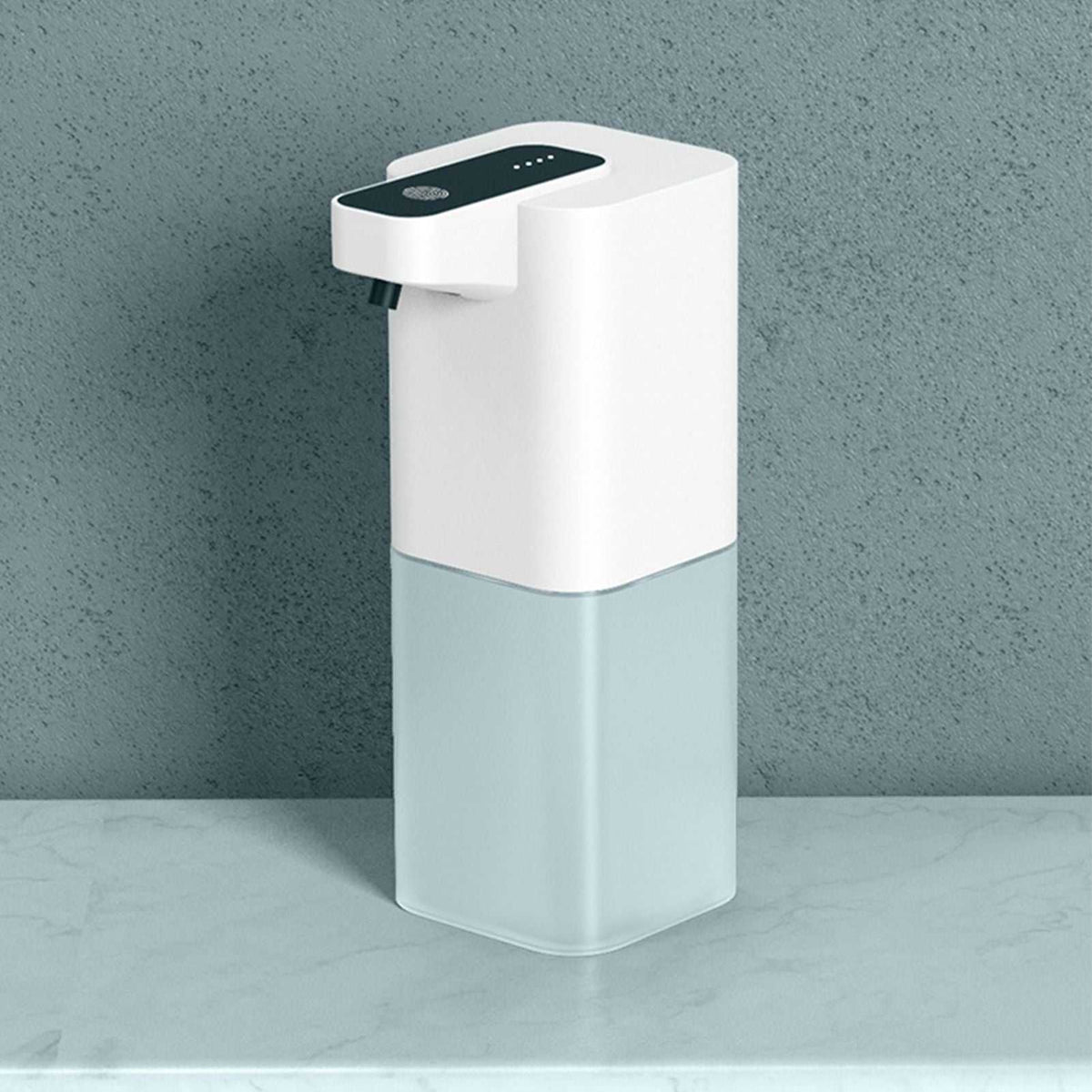 Infrared Automatic Sensor Soap Dispenser with a white ABS top, pale blue translucent reservoir and black sensor panel