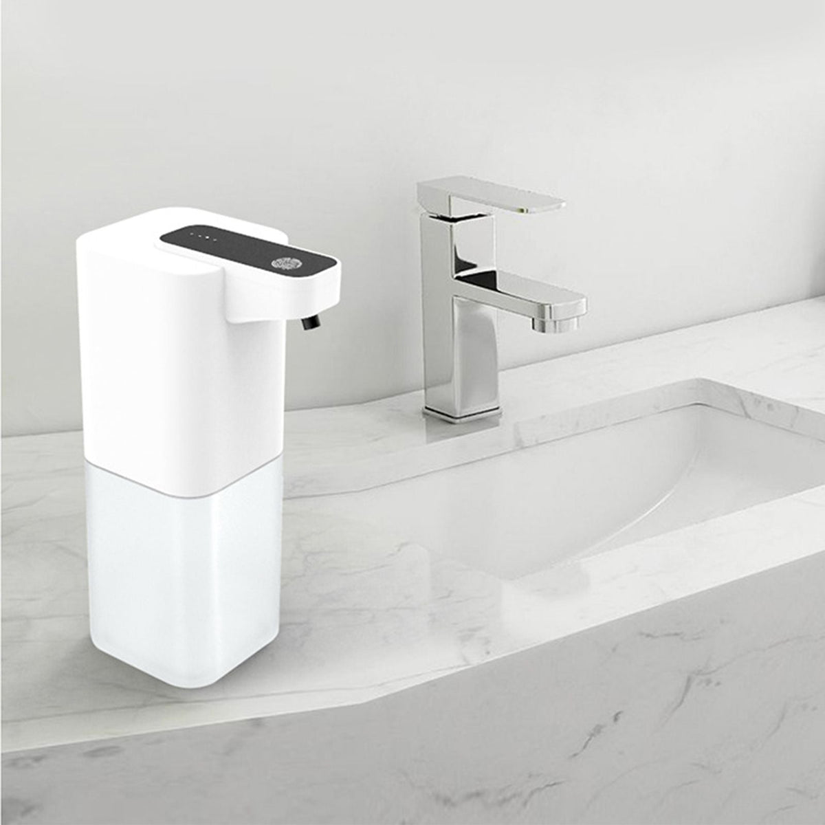 Infrared Automatic Sensor Soap Dispenser in white plastic with a black sensor panel and compact rectangular body