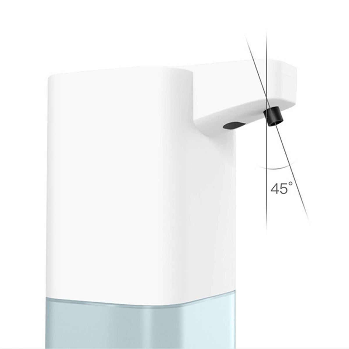 Automatic soap dispenser with Infrared Automatic Sensor, white plastic body, pale blue translucent reservoir and angled nozzle