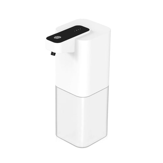 Automatic soap dispenser in white ABS plastic with a black sensor panel and slim, rounded rectangular design; Infrared Automatic Sensor touchless operation.