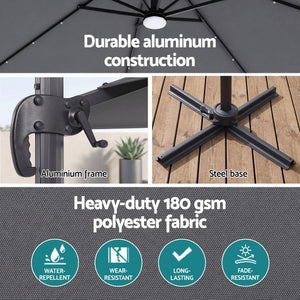 Instahut Outdoor Umbrella with charcoal polyester canopy, black aluminium frame, crank handle and heavy-duty steel base