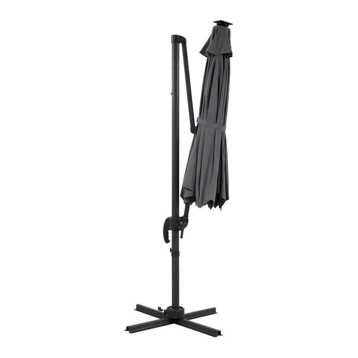 Instahut Outdoor Umbrella with charcoal polyester canopy folded around a black metal offset frame and cross base