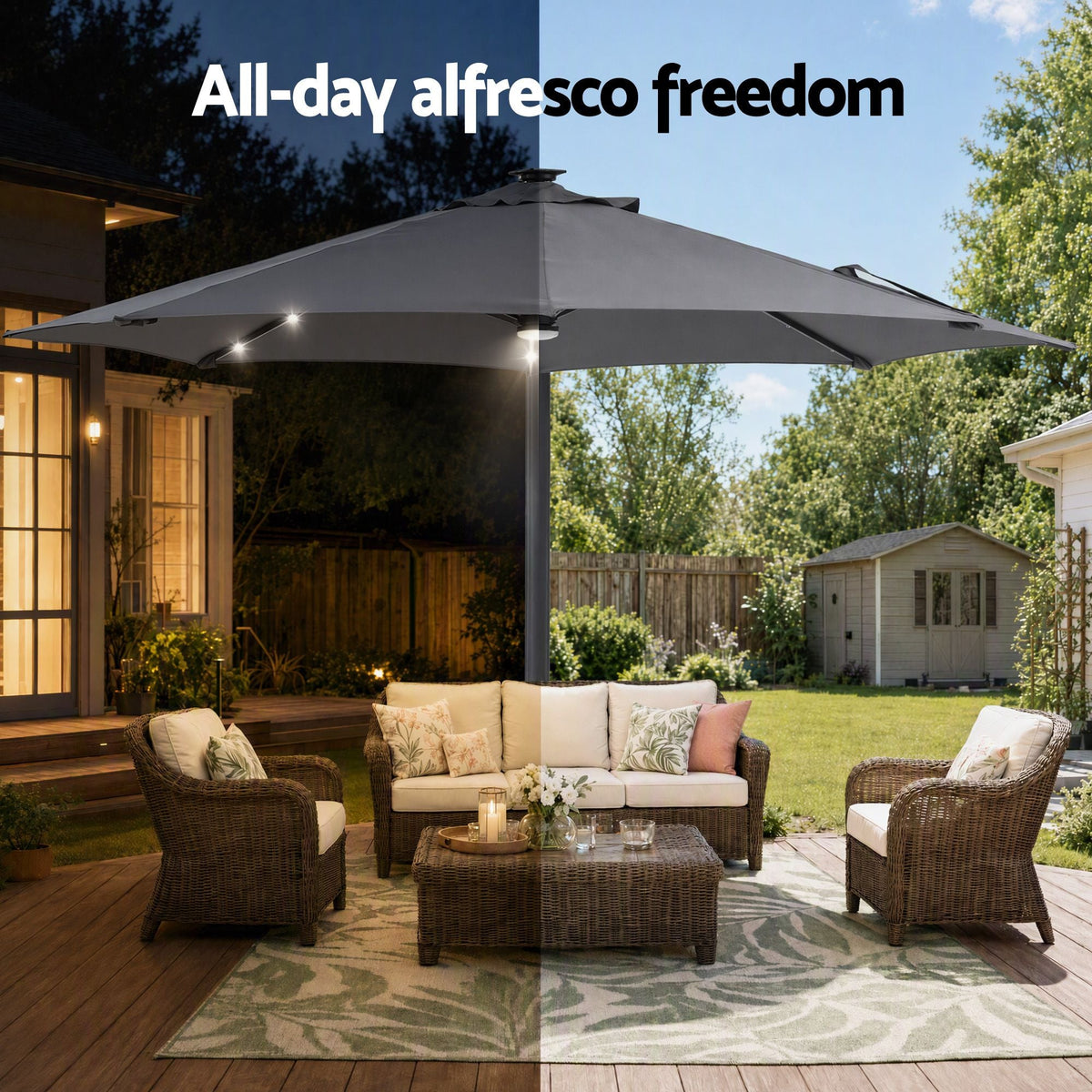 Instahut Outdoor Umbrella with charcoal grey canopy, black offset frame and solar LED lights lining its ribs