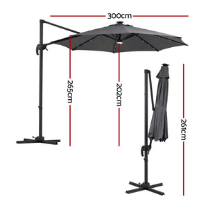Instahut Outdoor Umbrella with charcoal polyester canopy, black offset frame and cross-shaped base, shown open and folded