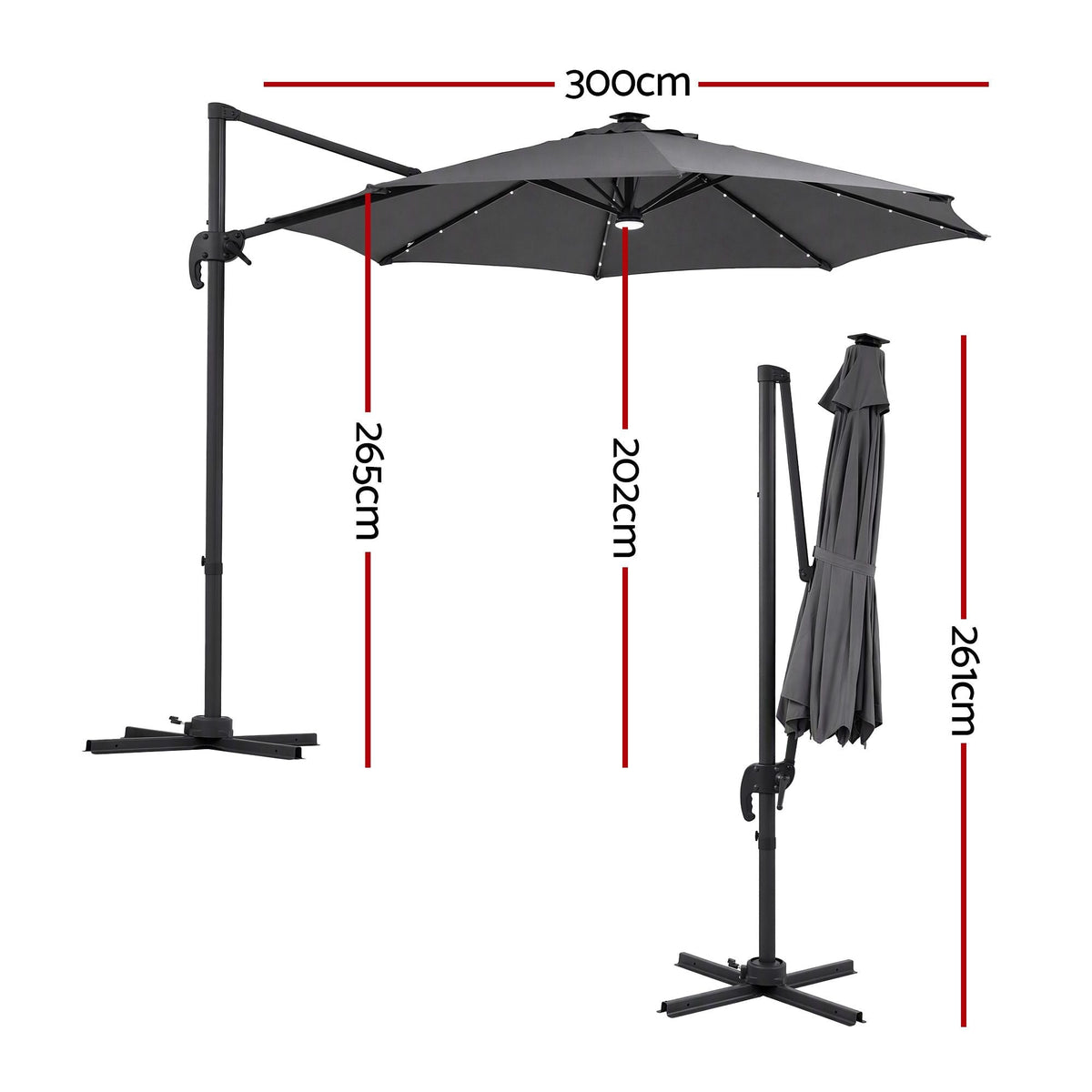 Instahut Outdoor Umbrella with charcoal polyester canopy, black offset frame and cross-shaped base, shown open and folded