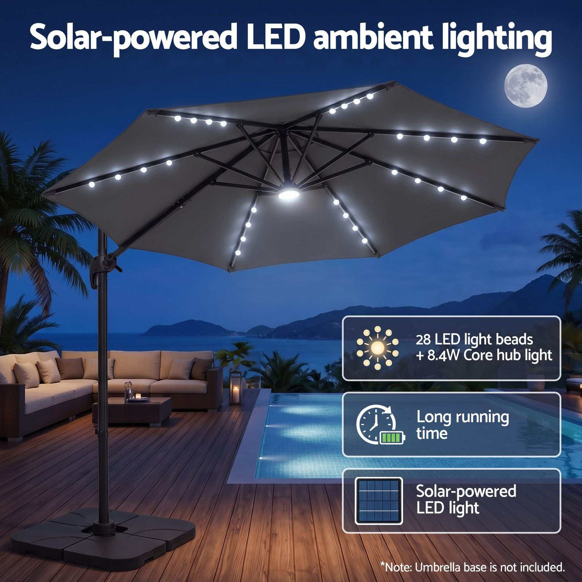 Instahut Outdoor Umbrella with a charcoal canopy, black offset frame and solar-powered LED lights along the ribs