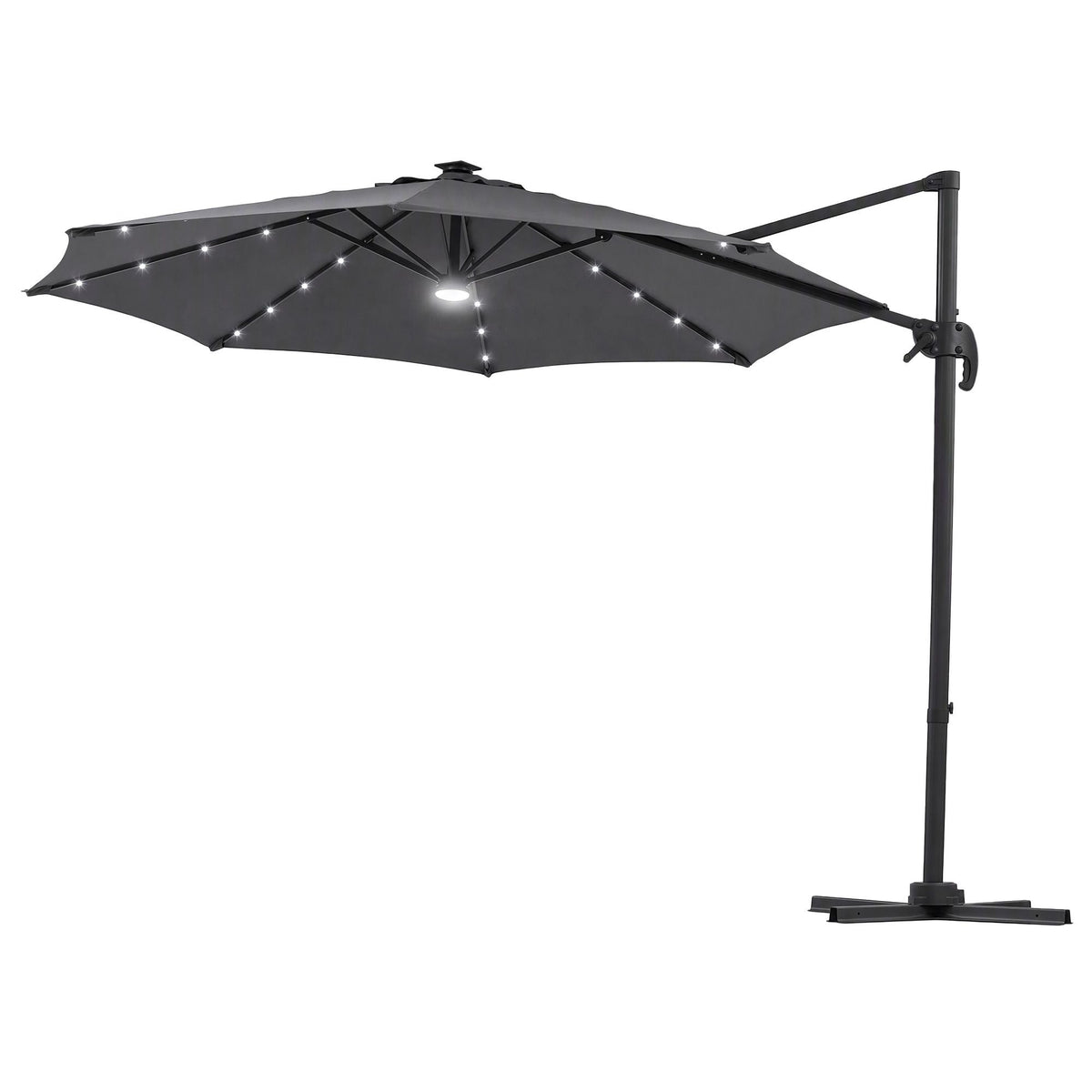 Instahut Outdoor Umbrella with charcoal polyester canopy, black offset frame and solar LED lights along the ribs