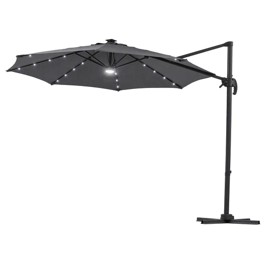 Instahut Outdoor Umbrella with charcoal polyester canopy, black offset frame and solar LED lights along the ribs
