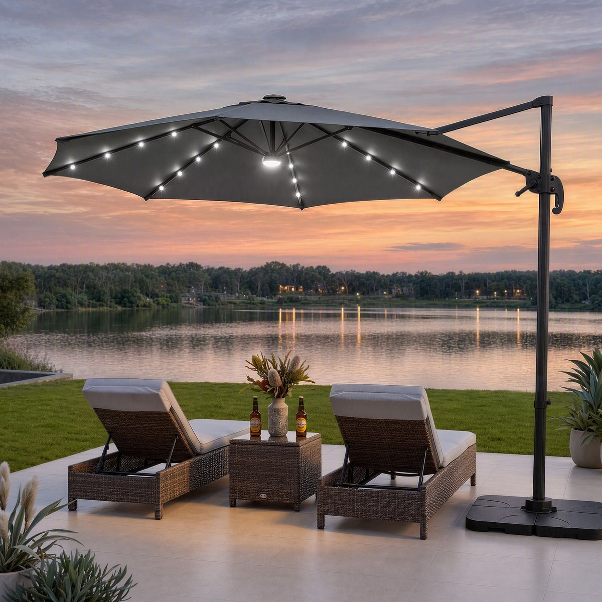 Instahut Outdoor Umbrella with charcoal canopy, black offset frame and illuminated solar LED lights along the ribs