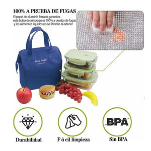 Insulated Lunch Bag in navy blue Oxford cloth with twin handles, fresh-food wording and a reflective foil lining
