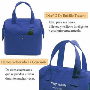 Insulated Lunch Bag in royal blue Oxford cloth with dual handles, front pocket, metal zipper and sleek rectangular shape