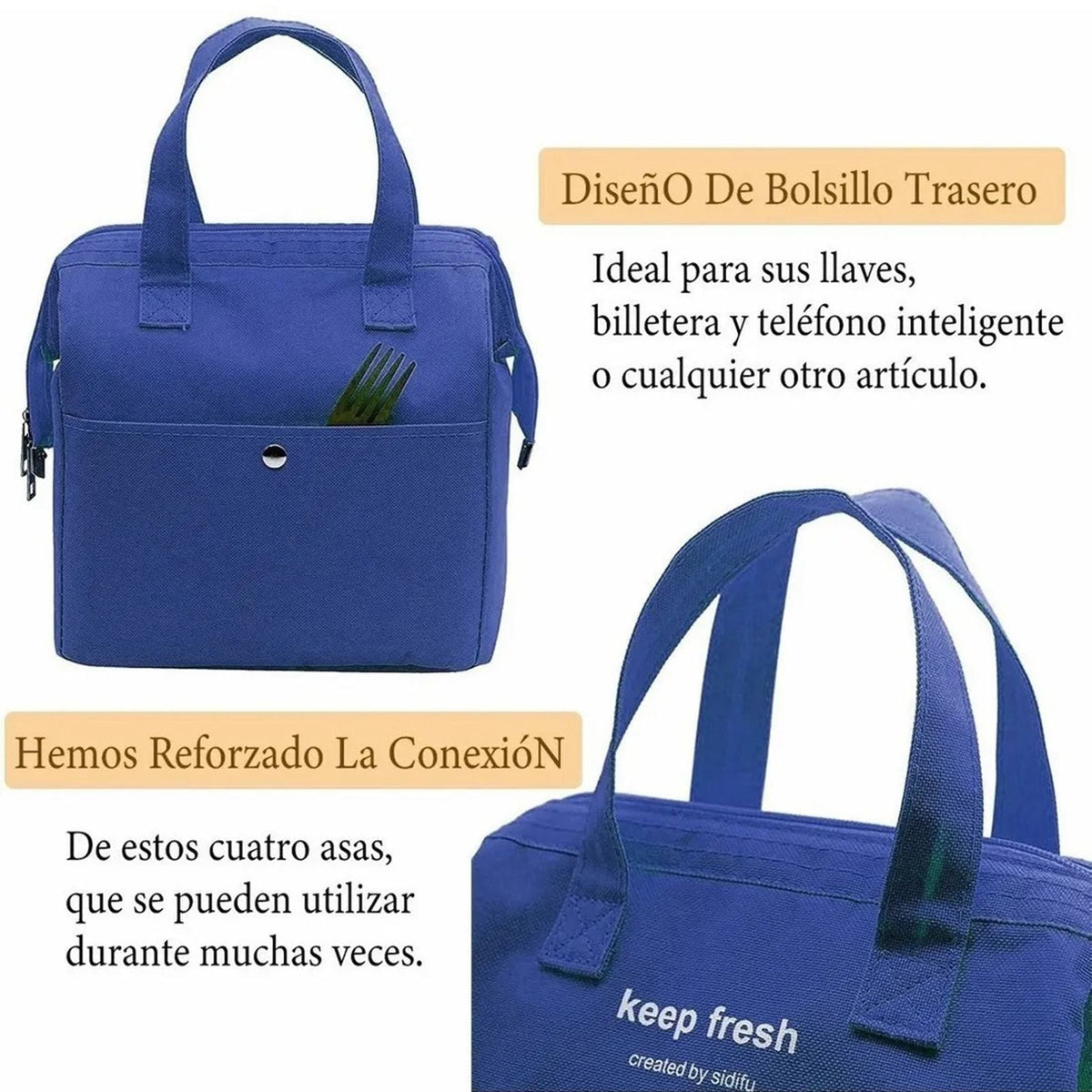 Insulated Lunch Bag in royal blue Oxford cloth with dual handles, front pocket, metal zipper and sleek rectangular shape