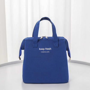 Insulated Lunch Bag in royal blue Oxford cloth with dual handles, metal zipper, side pockets and keep fresh print