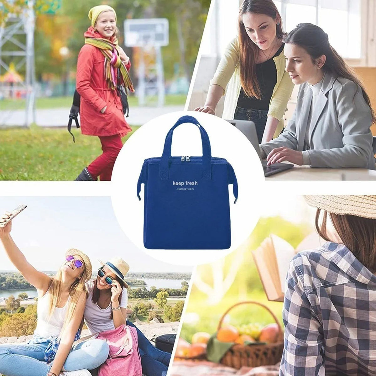 Insulated Lunch Bag in royal blue Oxford cloth with twin handles, a top zipper and a slim rectangular shape