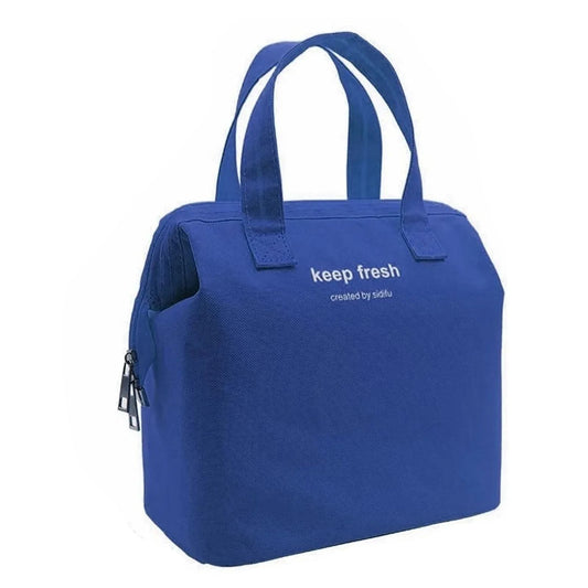 Insulated Lunch Bag in royal blue Oxford cloth with twin handles, a metal side zipper and fresh-keeping text
