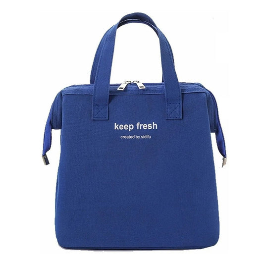 Insulated Lunch Bag in royal blue Oxford cloth with twin handles, a metal zipper, and a compact rectangular shape