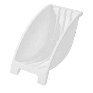Japanese Kitchen Dish rack in white plastic with a curved upright holder and molded slots for organizing plates