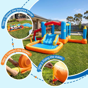 Keezi Inflatable Kids Pool in blue, orange and yellow PVC, featuring a bounce house, twin slides and shallow splash basin
