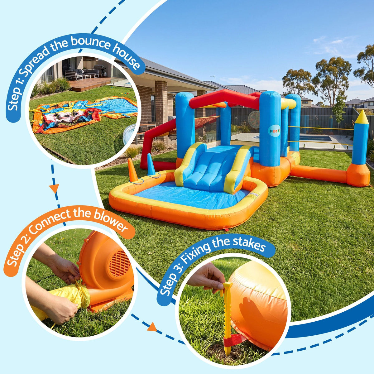 Keezi Inflatable Kids Pool in blue, orange and yellow PVC, featuring a bounce house, twin slides and shallow splash basin