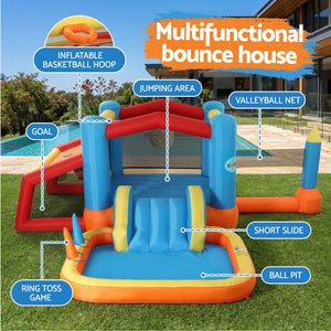 Keezi Inflatable Kids Pool in blue, red and orange PVC with mesh bounce area, short slide, ball pit and game attachments.